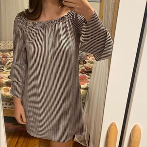 Bobeau Striped Dress Retro 70s style Fall Thanksgiving Shift Dress Off Shoulder